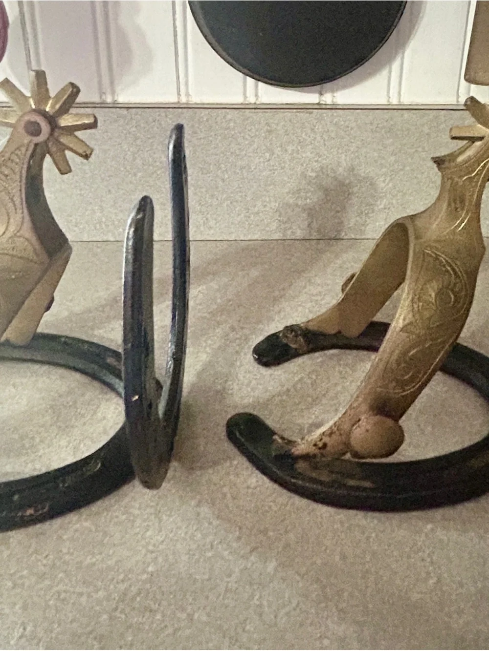 Cast Iron Horseshoe and Brass Spur Decorative Bookends - Black and Gold